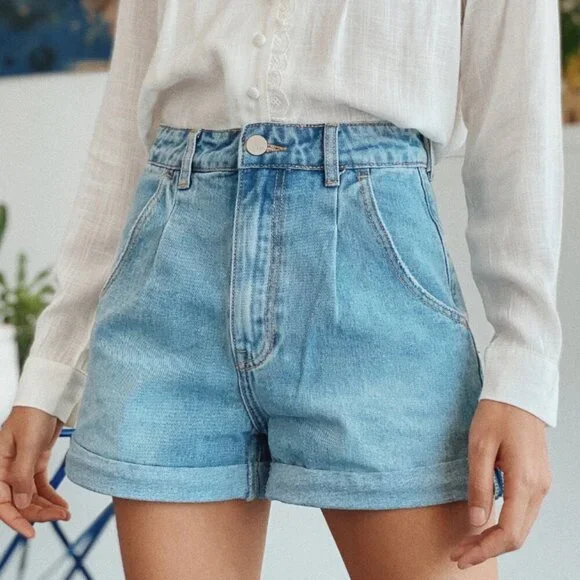 Berthie Light Blue Rolled Denim Jean High Rise "Jonas" Shorts - Picture 1 of 6